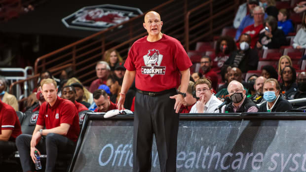 Mar 1, 2022; Columbia, South Carolina, USA; South Carolina Gamecocks head coach Frank Martin directs his team against the Missouri Tigers in the first half at Colonial Life Arena.